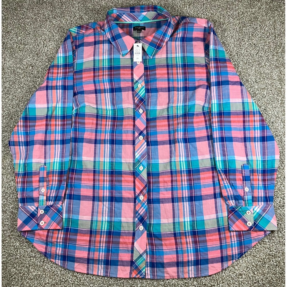 Talbots Plus Womens 2X Pink Blue Plaid Cotton Button Down Shirt NWT